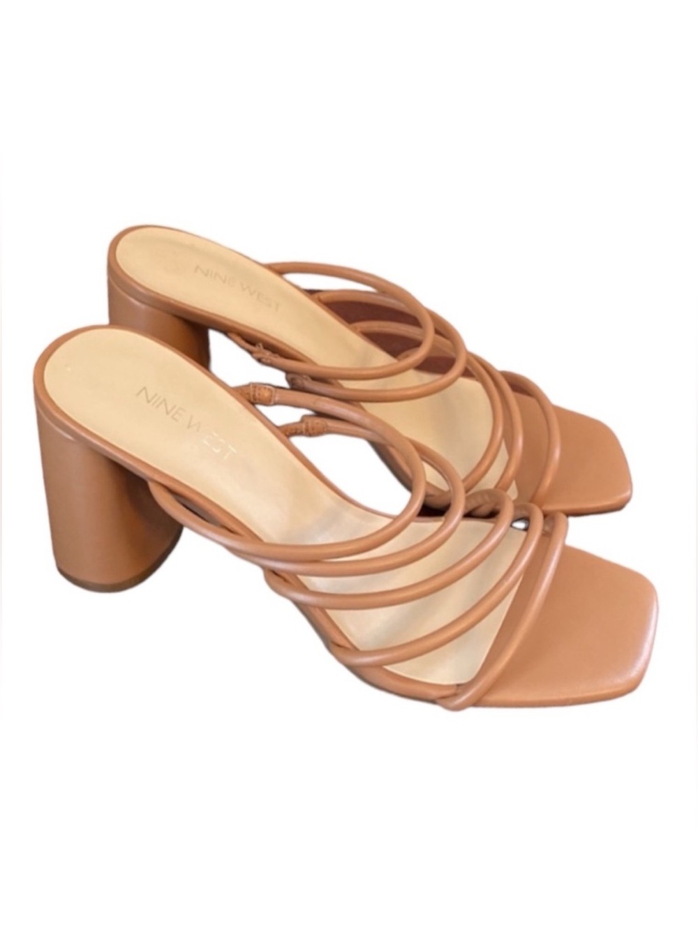 Nine West Glowy Tan SZ 10M Multi Strap Modern Chic Minimalist Block Heel Sandals
